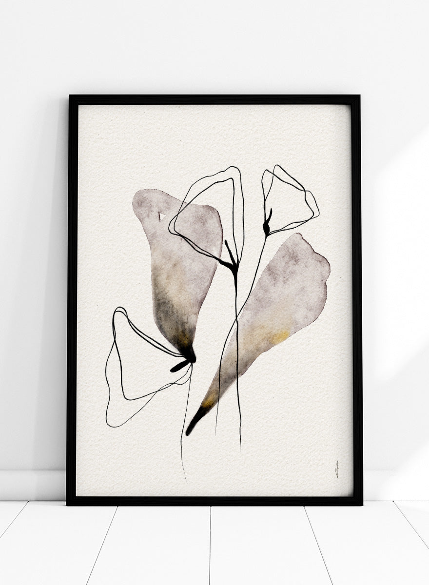Shop Abstract Watercolor Flora by Ankie Kooi, a modern abstract floral wall art print poster with minimalist line art, botanical forms, soft lavender, and muted gold.
