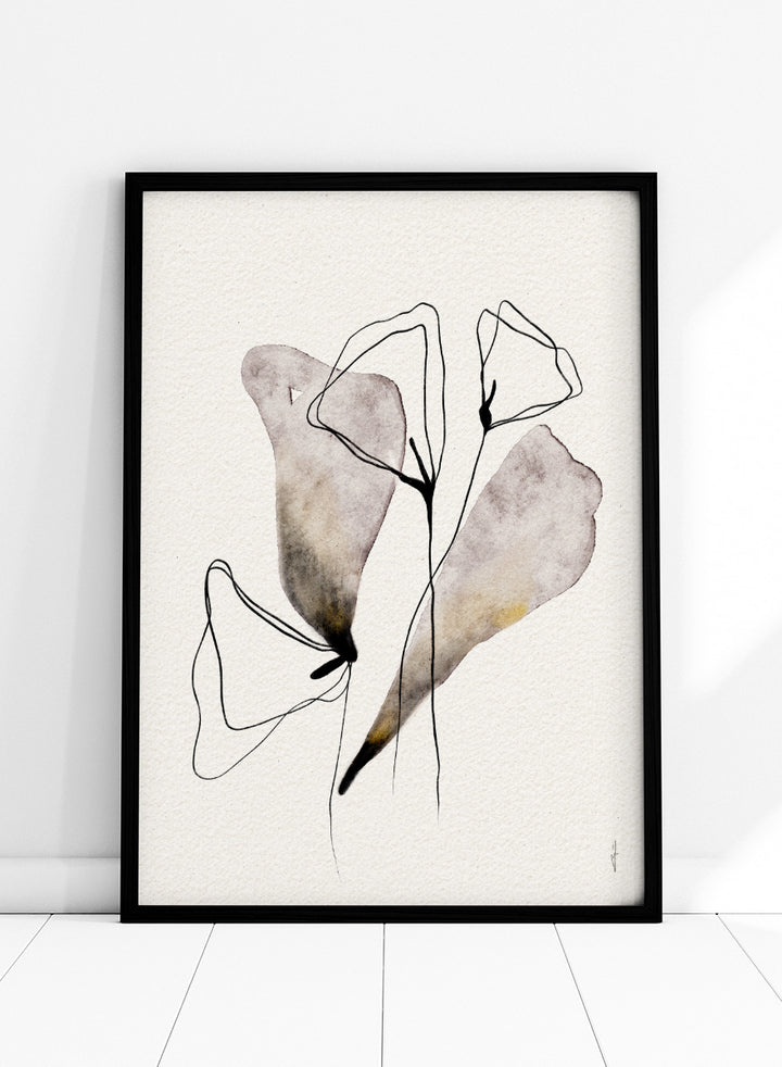 Shop Abstract Watercolor Flora by Ankie Kooi, a modern abstract floral wall art print poster with minimalist line art, botanical forms, soft lavender, and muted gold.