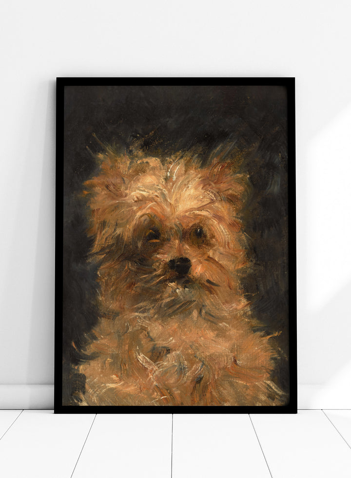 A painted portrait of a small fluffy dog, likely a terrier mix, rendered in warm tan, cream, and brown brushstrokes against a dark charcoal background. Head of the Dog "Bob" by Édouard Manet is a vintage dog portrait print featuring a scruffy terrier&