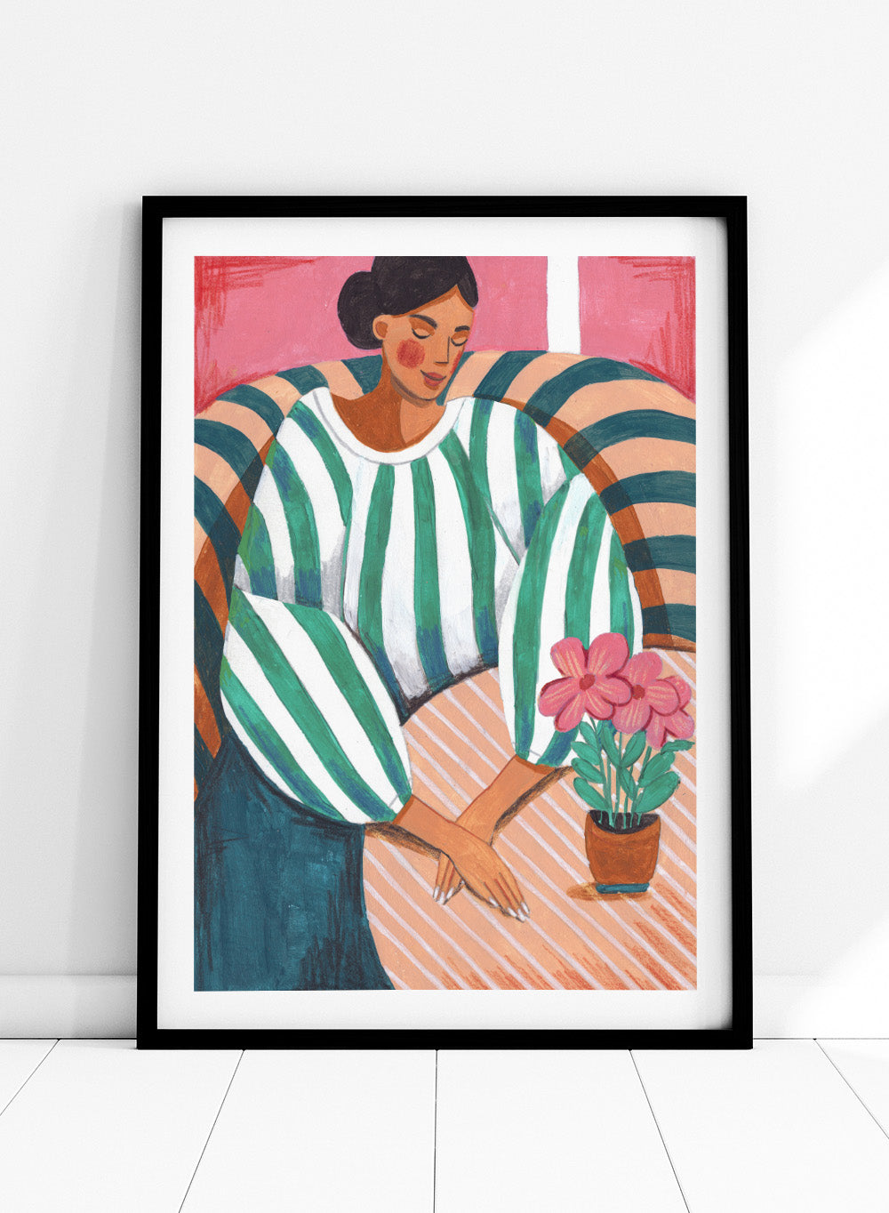 Artistic illustration of a person holding a potted plant with a colorful background. Peaceful Woman Home by Caroline Bonne Müller is a fine art print and wall poster of a woman seated indoors with flowers and striped patterns.