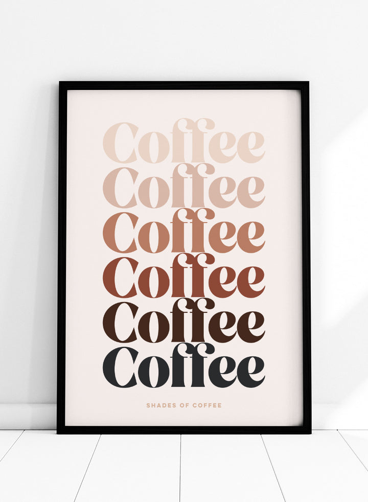 Shop Coffee Color Palette by Dominique Vari, a retro typography wall art print poster featuring layered coffee lettering in cream, beige, caramel, brown, and black.