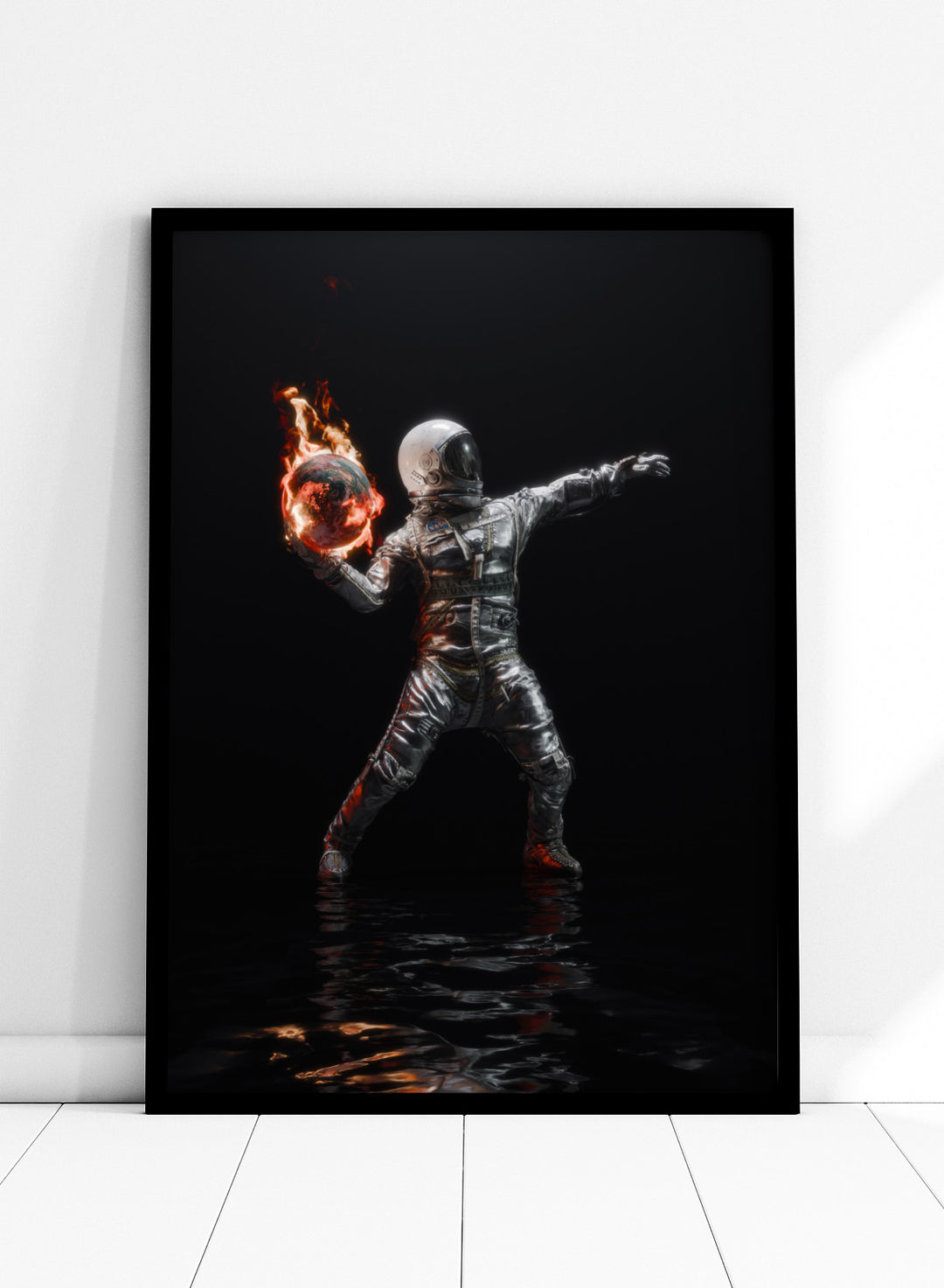 Person in a silver suit holding a flaming sphere against a black background. Astronaut Burning Earth by Nicebleed is a surreal astronaut art print featuring a flaming planet, dark background, and modern sci-fi aesthetic poster design.