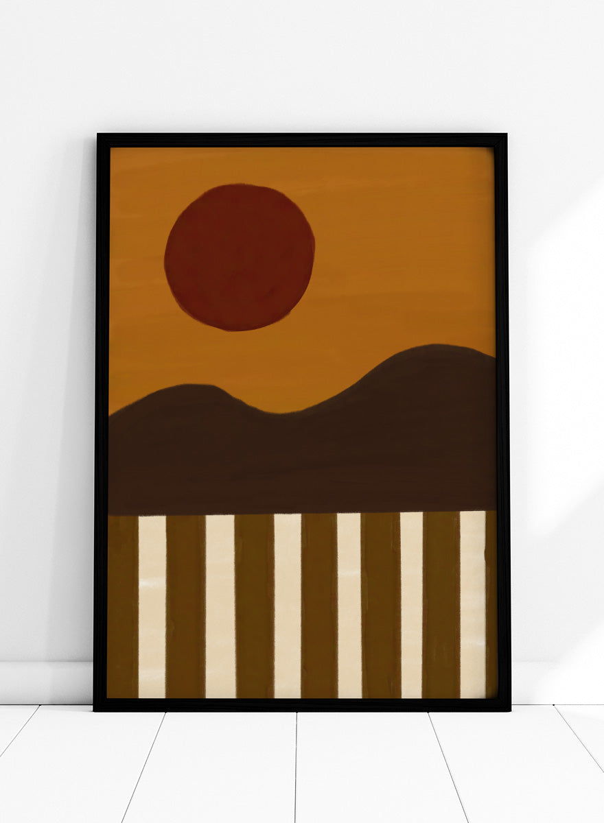 A minimalist abstract landscape art print featuring a dark brown sun over a wavy horizon, with vertical brown and cream stripes at the bottom. Minimalist Desert Sun by The Art Concept landscape art print featuring a red sun, dark rolling hills, warm ochre tones, and bold vertical stripes.
