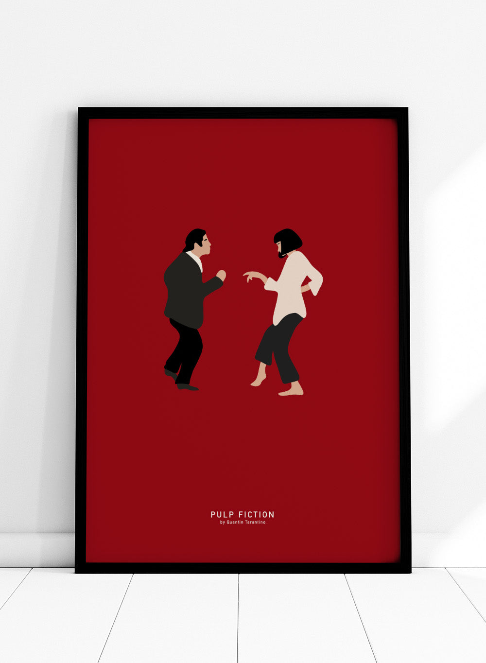 Minimalist illustration of two characters facing each other on a red background with 'Pulp Fiction' text. Minimalist dance illustration of two figures on a red background by Anne-Marie Volfova. Officially licensed modern art print with optional framing.