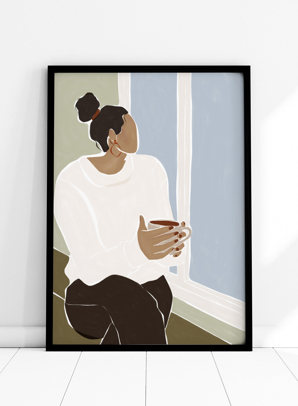 Enjoying a Cup of Tea by Ivy Green is a calm modern figure art print celebrating slow moments and everyday rituals. Premium fine art print with optional wood framing.