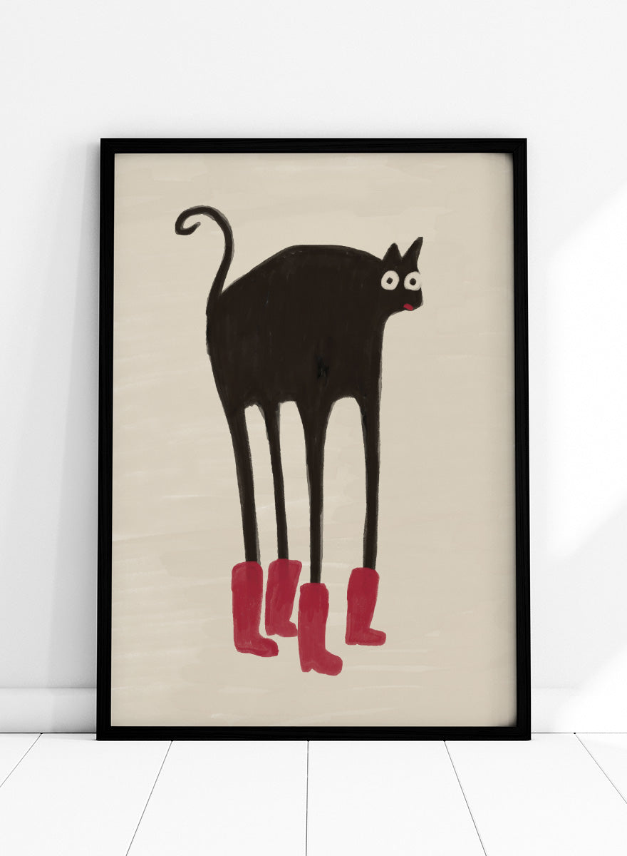 A stylized black cat with long legs wearing bright pink boots, centered on a warm beige background. Funny Black Cat Boots by The Art Concept playful cat art print featuring a long-legged black cat in red boots with a quirky hand-drawn look.