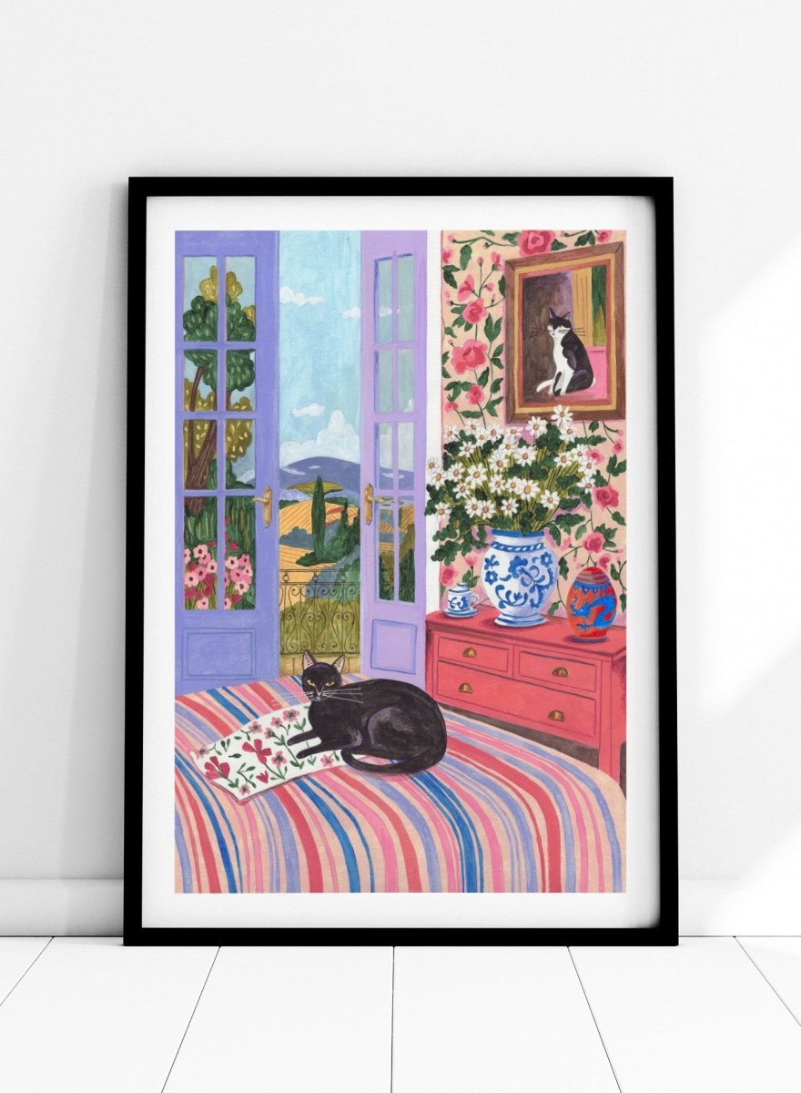 Caroline Bonne Müller - Black Cat on Bed French Doors Garden View