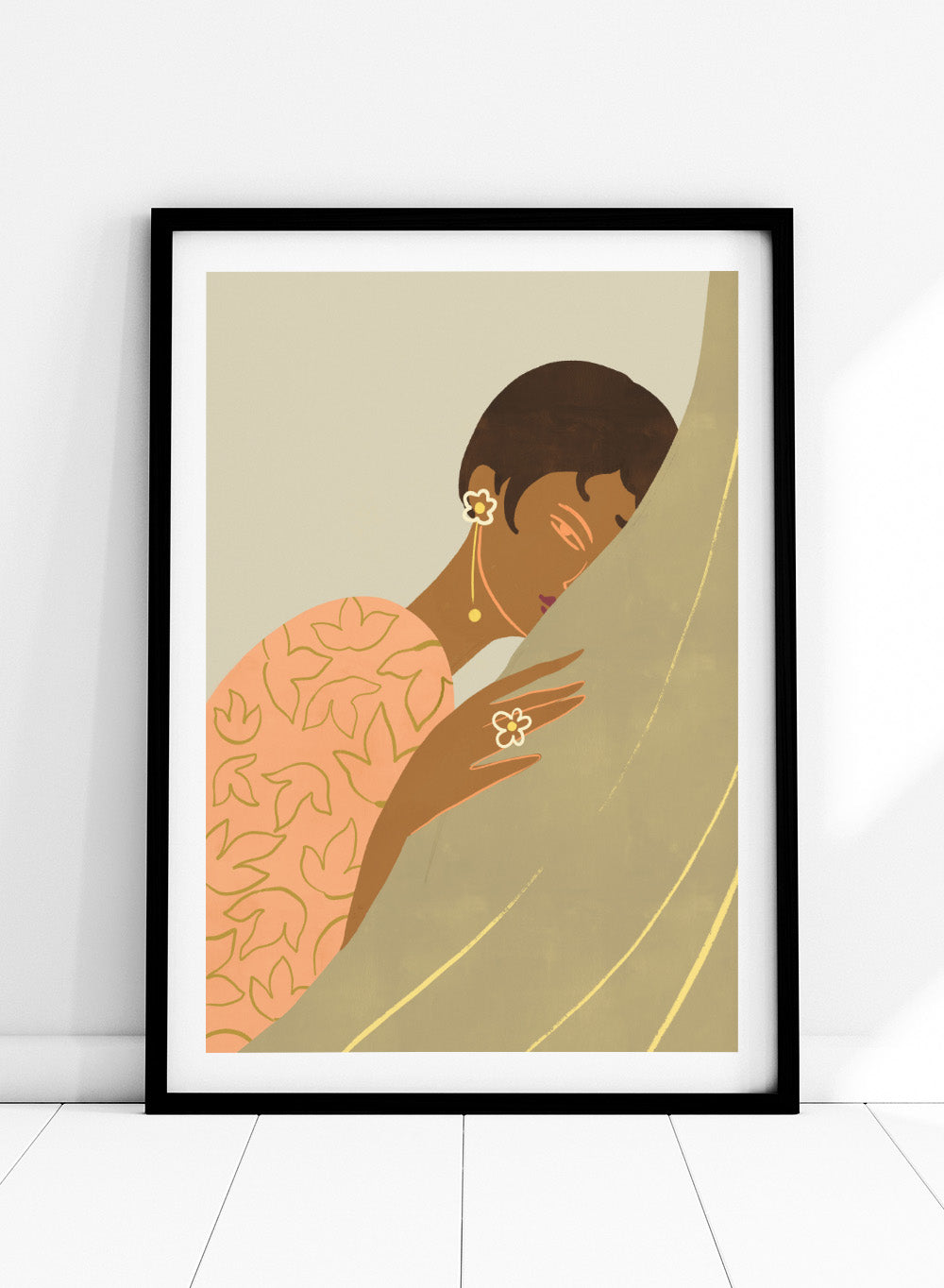 Illustration of a woman wrapped in a floral-patterned shawl with a neutral background. The Introvert by Arty Guava is a modern portrait illustration featuring a woman figure, soft color palette, contemporary wall art style, and officially licensed artwork.