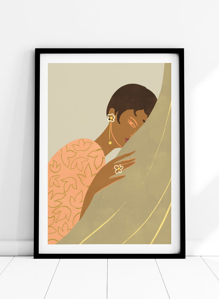 Illustration of a woman wrapped in a floral-patterned shawl with a neutral background. The Introvert by Arty Guava is a modern portrait illustration featuring a woman figure, soft color palette, contemporary wall art style, and officially licensed artwork.