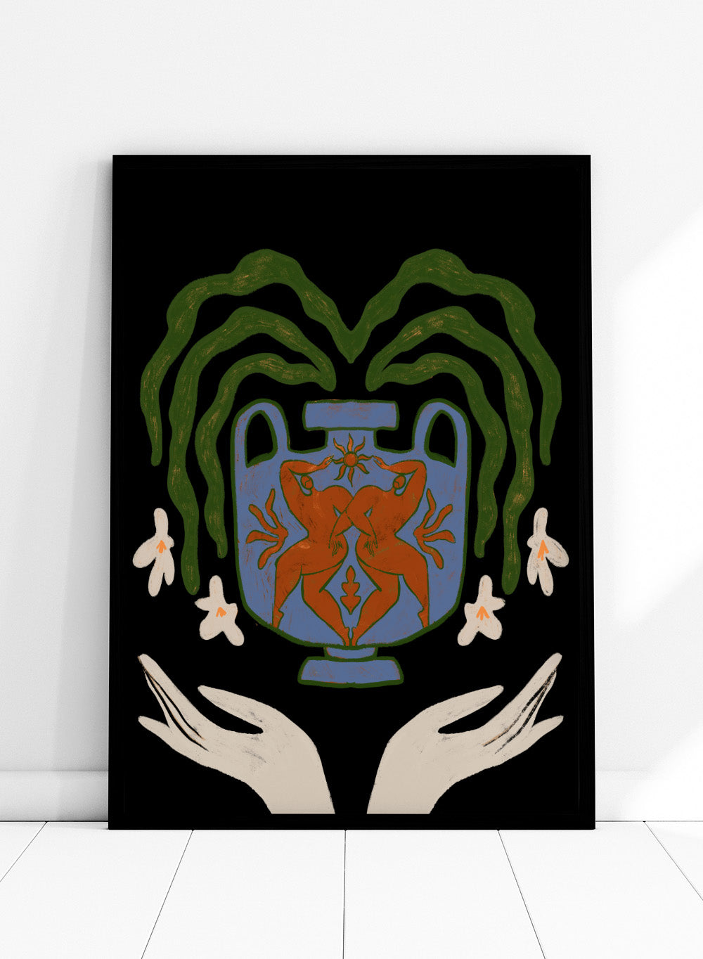 Decorative design with a blue urn, red figure, green leaves, and white flowers on a black background. Vessel Collection: Harmony by Arty Guava art print, modern vase wall poster with botanical illustration, contemporary minimalist line artwork.