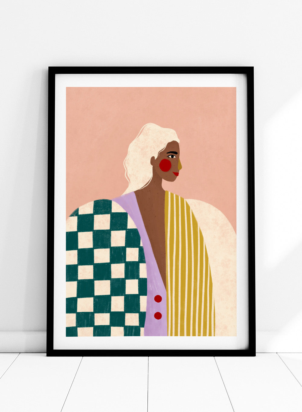 Funky Blouse by Bea Müller is an officially licensed art print featuring bold patterns, expressive color, and a modern illustrated woman. Framed or unframed options available.