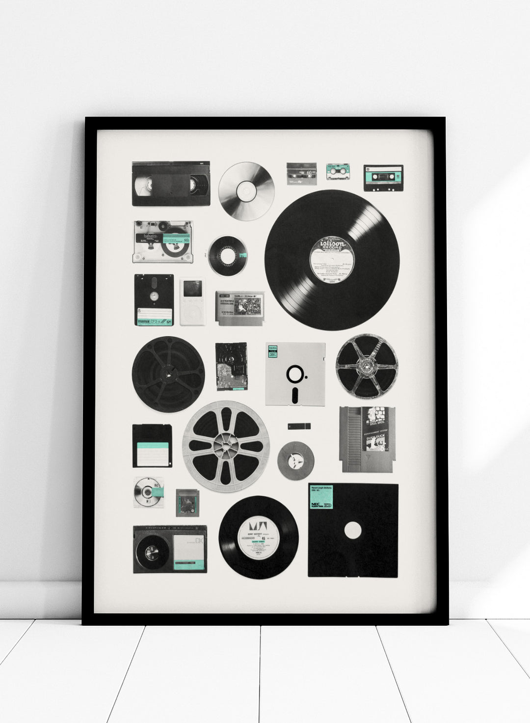 Collection of vintage audio and video equipment on a white background. Analog Digital Memories by Florent Bodart is a retro media art print featuring vinyl, cassette, and floppy disks, a modern wall poster exploring analog and digital design.