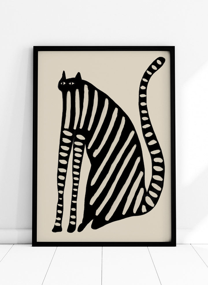 Striped Black Cat by The Art Concept playful cat art print featuring an elongated black cat with cream stripes, long legs, and an oversized curved tail.