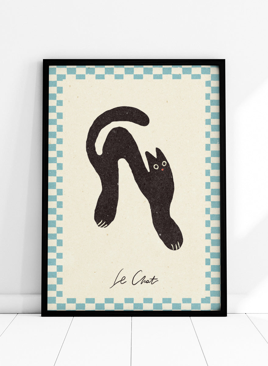 Shop Le Chat No.02 by NKTN, a playful black cat wall art print poster featuring a stretched cat, checkerboard border, and quirky vintage-inspired style.