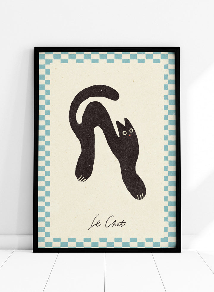 Shop Le Chat No.02 by NKTN, a playful black cat wall art print poster featuring a stretched cat, checkerboard border, and quirky vintage-inspired style.