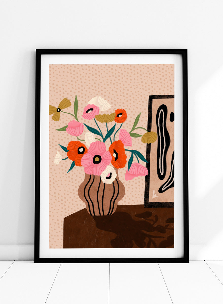 Shop Vibrant Poppy Bouquet by Bea Müller, a floral wall art print poster featuring colorful poppies in a striped vase with bold pink tones and modern still life style.