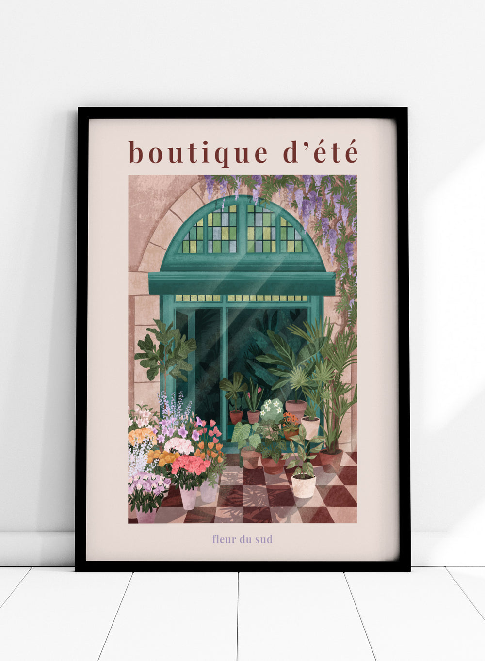 Illustration of a charming store entrance with plants and flowers, featuring the text 'boutique d'été' and 'fleur du sud'. French Flower Shop by Goed Blauw is a colorful storefront art print and wall poster featuring plants, flowers, and a green arch window in a warm European style setting.