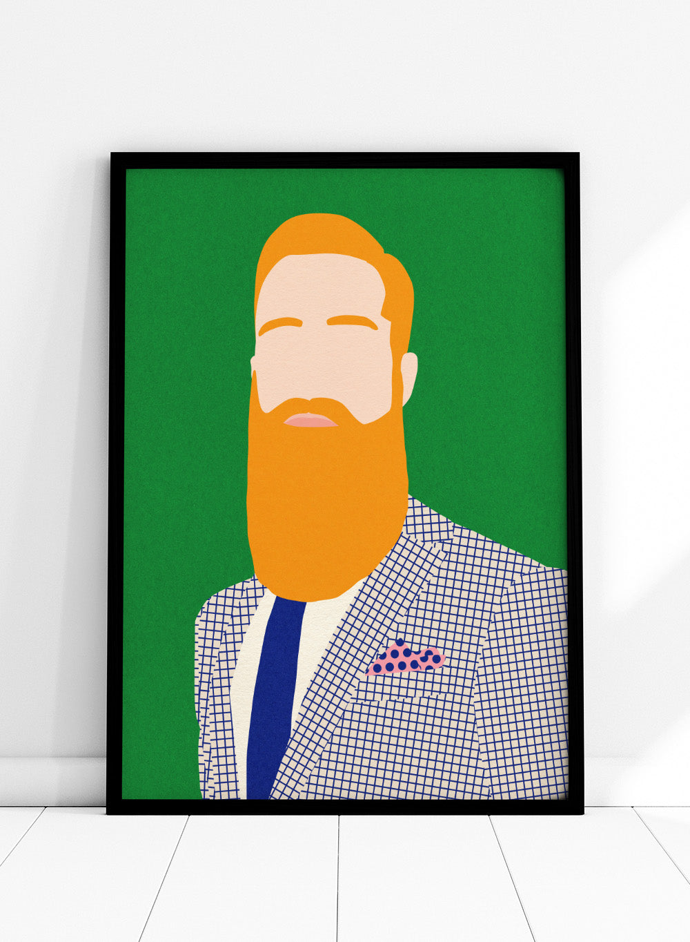 Illustration of a man with a beard wearing a checkered jacket and blue tie on a green background. Men From Barber Shop by Rosi Feist is a bold minimalist portrait art print with modern pop color, Bauhaus design, officially licensed fine art poster.