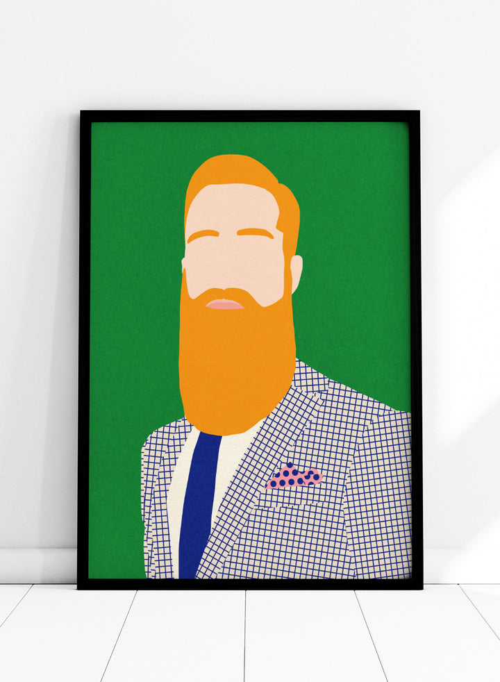 Illustration of a man with a beard wearing a checkered jacket and blue tie on a green background. Men From Barber Shop by Rosi Feist is a bold minimalist portrait art print with modern pop color, Bauhaus design, officially licensed fine art poster.