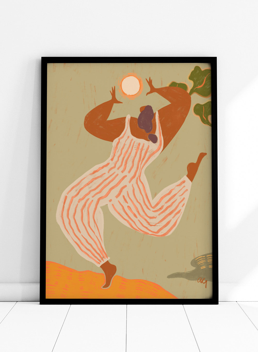 Artistic depiction of a person in overalls reaching towards the sun on a beige background. Reach For The Sun by Arty Guava is a vibrant modern art print of a woman stretching toward the sun. Officially licensed wall poster with framing.