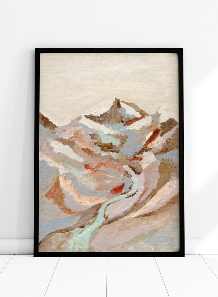 An abstract landscape painting of a snow-capped mountain range with a winding pale blue river, rendered in textured brushstrokes of beige, brown, gray, and muted red tones. Shop Painted Mountain River by Nikita Jariwala, a mountain landscape wall art print poster featuring a winding river, snowy peaks, and soft blue tones.