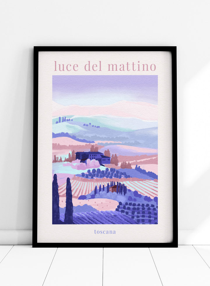 Artistic depiction of a Tuscan landscape with rolling hills and a farmhouse, labeled 'luce del mattino toscana'. Tuscany Morning by Goed Blauw is a landscape art print and wall poster featuring rolling hills, fields, and houses in soft pastel tones inspired by the Italian countryside.