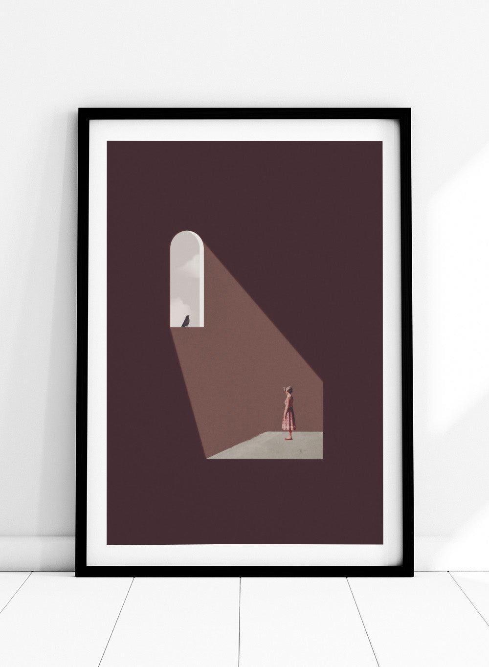 Enlighten Me by Maarten Léon collage art print featuring a woman beneath a window with light and a bird. Premium fine art print with real wood framing.