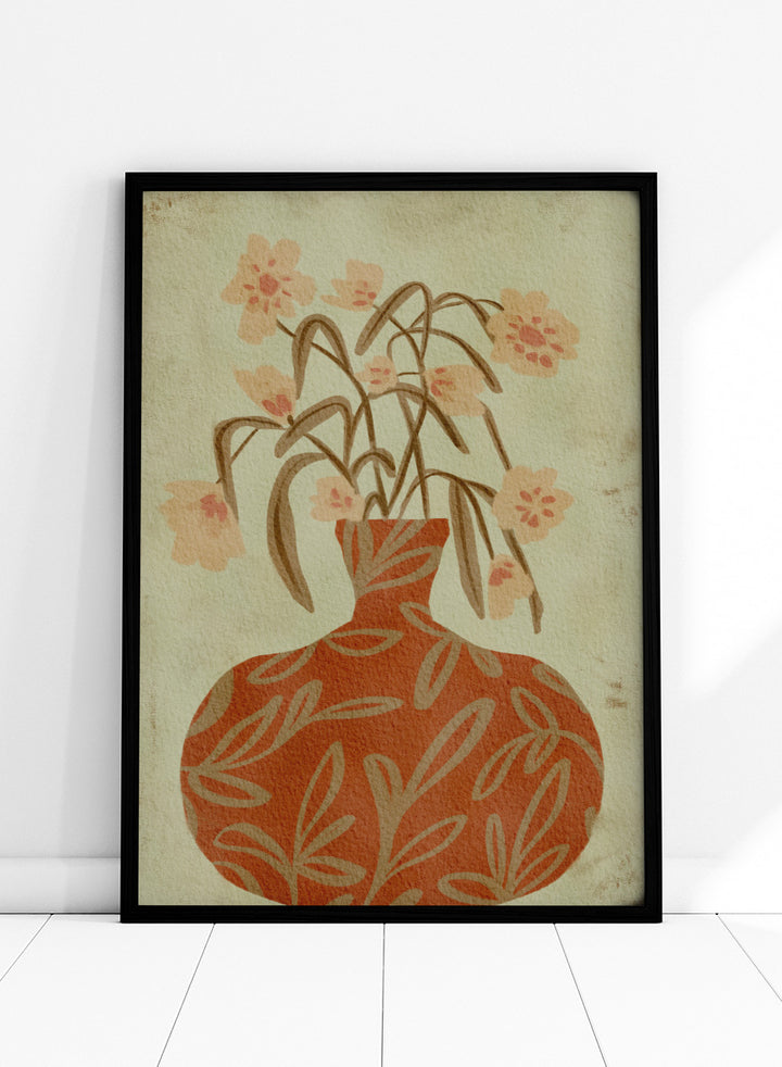Shop Terracotta Vase Blossoms by Nikita Jariwala, a botanical wall art print featuring a terracotta vase, soft florals, and warm earthy rust and sage tones.