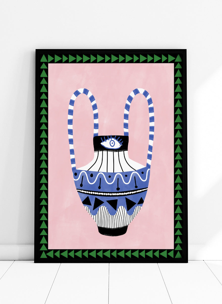Shop Folk Art Eye Vase by Elena Ristova, a colorful folk-inspired wall art print poster featuring an eye motif, patterned vase, pink background, and green border.