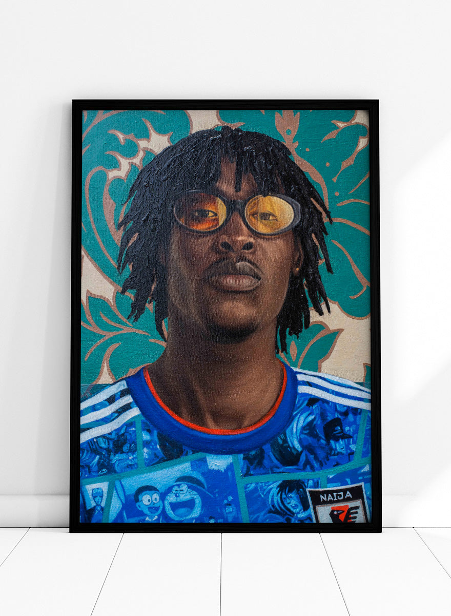 A portrait painting of a Black man with dreadlocks and round glasses, wearing a blue patterned shirt with white stripes and a red collar, set against a teal and beige floral background. Shop Stylish Man in Anime Jersey by Damilare Jamiu, a contemporary portrait art print blending anime fashion, bold blue color, amber glasses, and ornate pattern.