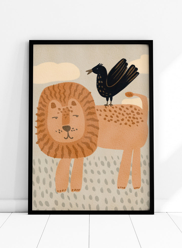 A stylized illustration of a lion and a crow on a cream background with clouds and dotted ground. The lion is tan and peach with brown stripes in its mane, and the crow is black with small gold spots. Shop Friendly Lion And Bird by Nikita Jariwala, a nursery wall art print poster with a lion, bird, animal illustration, and beige tones.