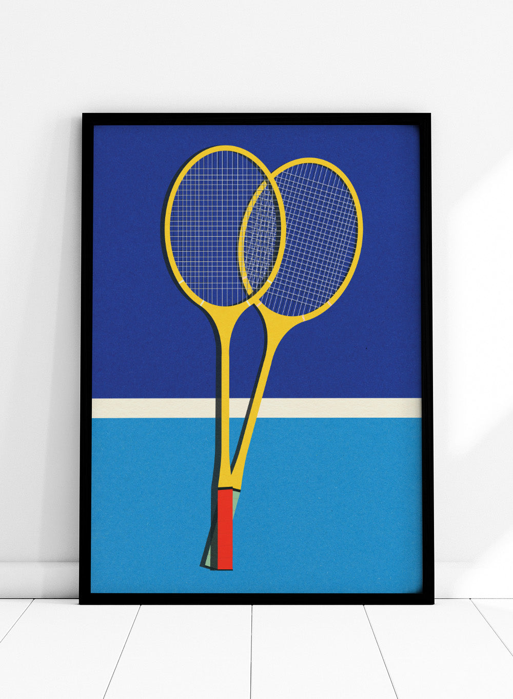 Two yellow badminton rackets on a blue background with a white stripe at the bottom. Wooden Badminton Rackets by Rosi Feist is a modern minimalist fine art print featuring bold yellow rackets on a graphic blue court. Officially licensed wall poster with optional artisan framing.