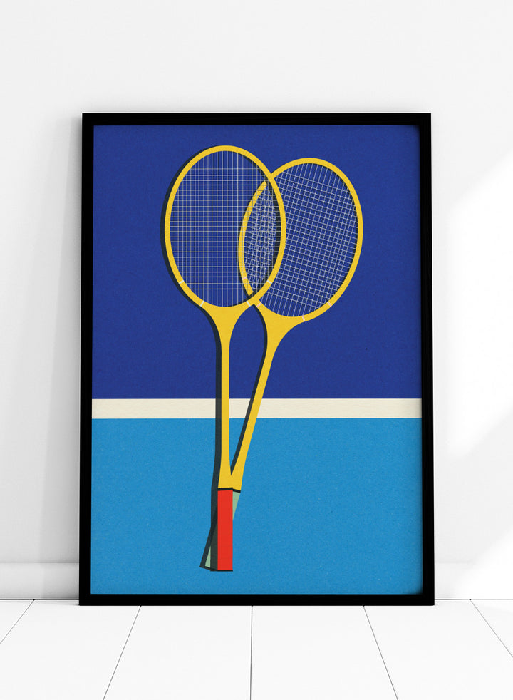 Two yellow badminton rackets on a blue background with a white stripe at the bottom. Wooden Badminton Rackets by Rosi Feist is a modern minimalist fine art print featuring bold yellow rackets on a graphic blue court. Officially licensed wall poster with optional artisan framing.
