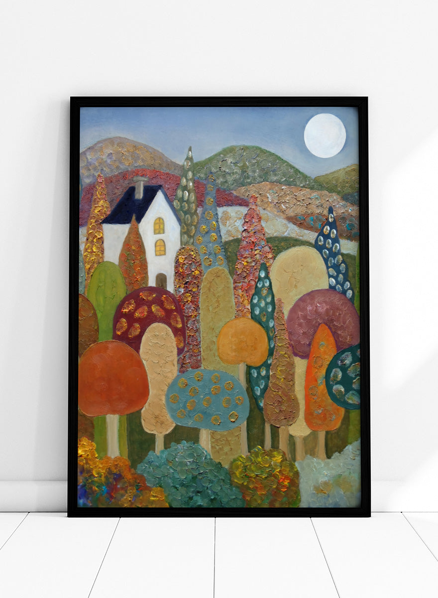 A colorful, textured folk-art style landscape painting featuring stylized mushrooms, a white house, rolling hills, and a full moon. Shop Whimsical Moonlit Landscape by Angeles M. Pomata, a colorful autumn landscape art print featuring a white house, full moon, rolling hills, and stylized trees.