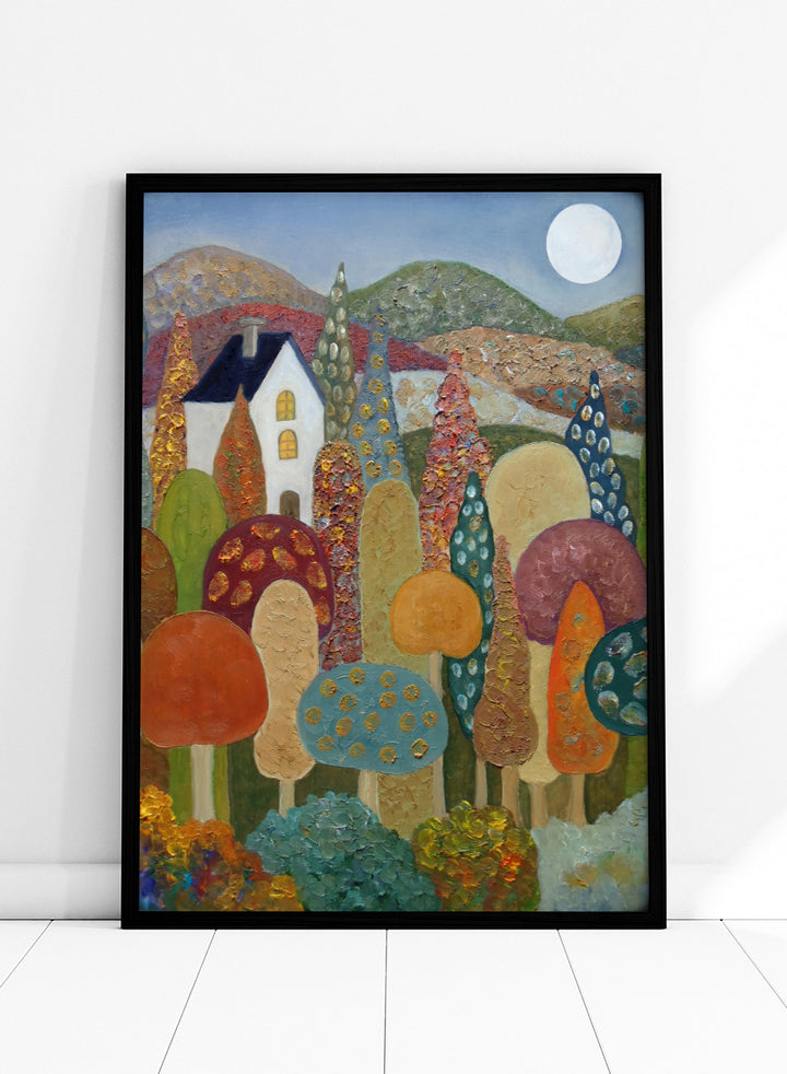 A colorful, textured folk-art style landscape painting featuring stylized mushrooms, a white house, rolling hills, and a full moon. Shop Whimsical Moonlit Landscape by Angeles M. Pomata, a colorful autumn landscape art print featuring a white house, full moon, rolling hills, and stylized trees.