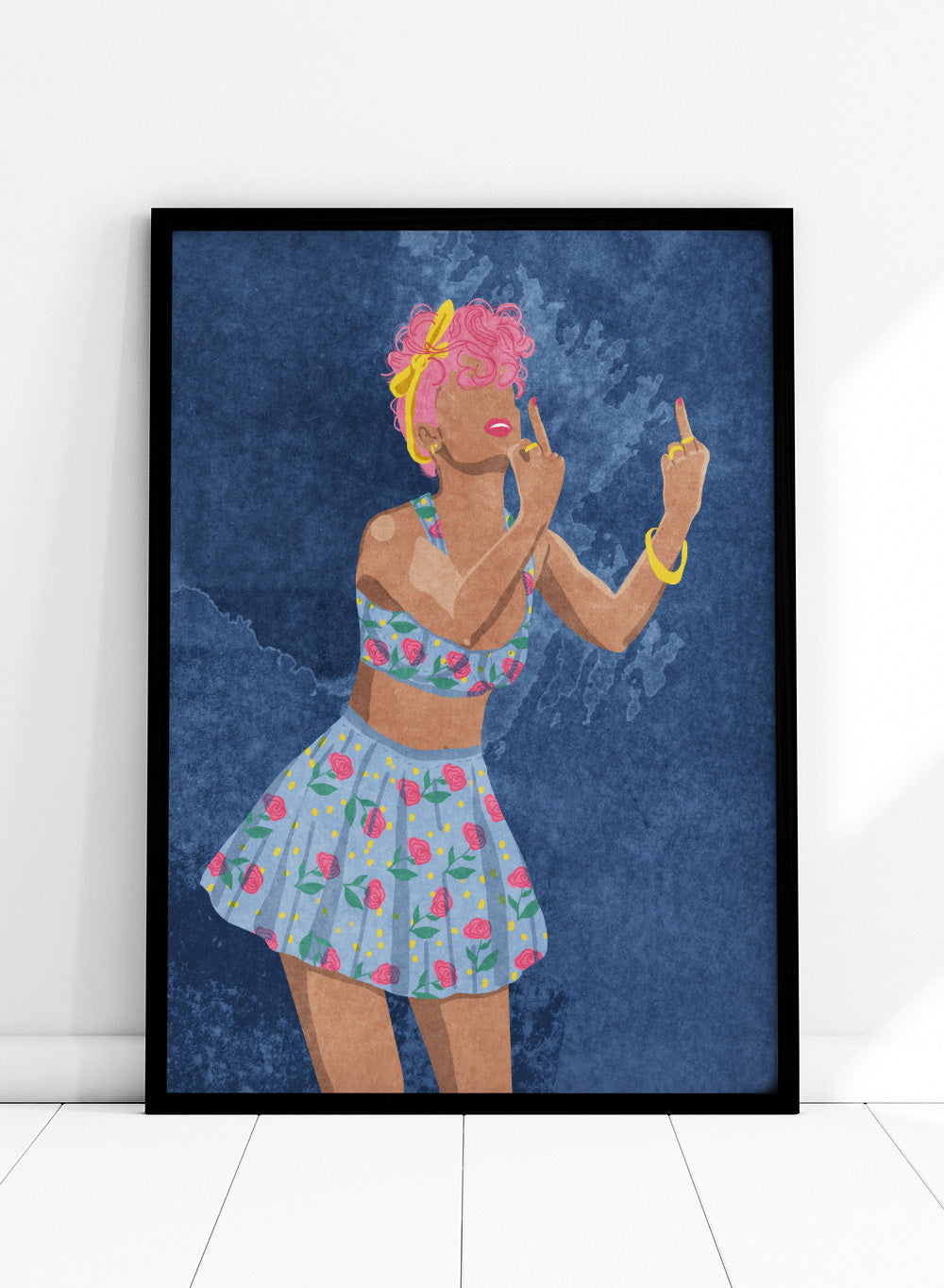 Illustration of a woman in a floral outfit against a blue textured background. Not Your Girl by Raissa Oltmanns is a modern woman portrait art print with a bold middle finger pose, floral outfit illustration, and statement wall poster style.