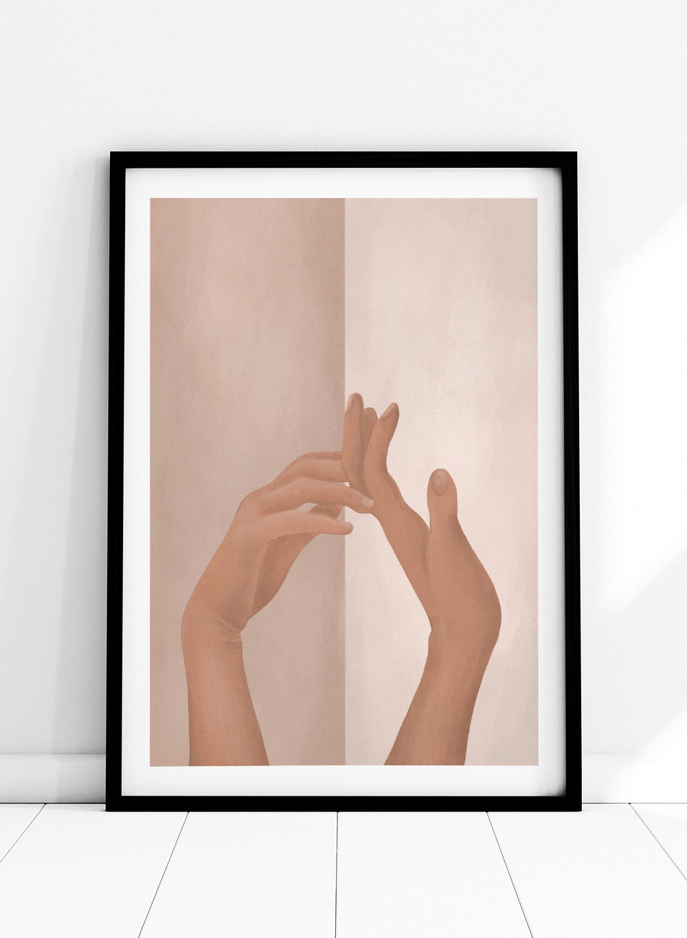 Elegance in Motion by City Art is a modern abstract figure art print featuring expressive hands and soft neutral tones. A contemporary wall poster from the It’s All Love collection.