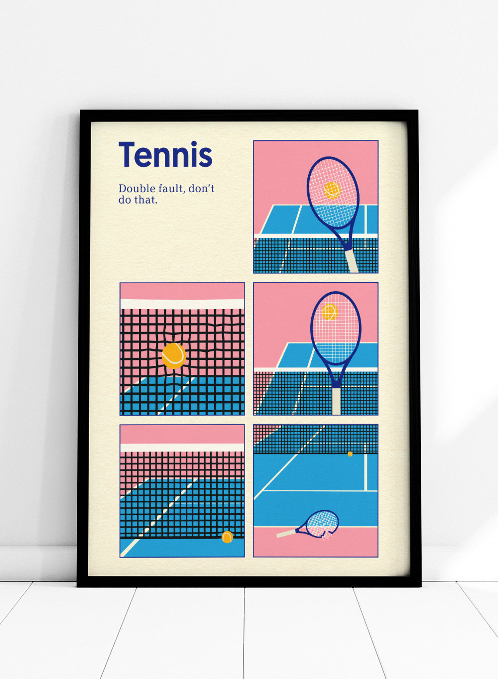 Illustrated poster of tennis with racquets and ball on a pink and blue background. Tennis Double Fault by Rosi Feist is a minimalist tennis poster with graphic court design, modern sports wall art, officially licensed fine art print.