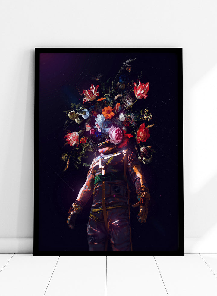 Person wearing a costume with floral headpiece against a dark background. Cosmic Garden Astronaut by Nicebleed is a surreal floral space art print featuring an astronaut with blooming flowers, modern aesthetic wall poster.
