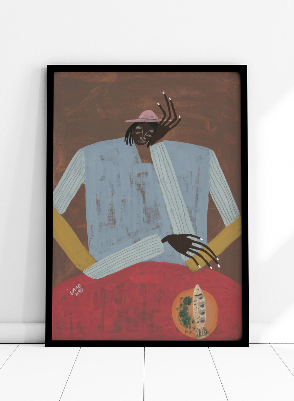 Artistic depiction of a person wearing a hat and sweater with a red background. Clear My Head by Studio IMO (Ibi Meier-Oruitemeka) is a modern figurative art print with a seated figure and contemporary portrait wall poster design.
