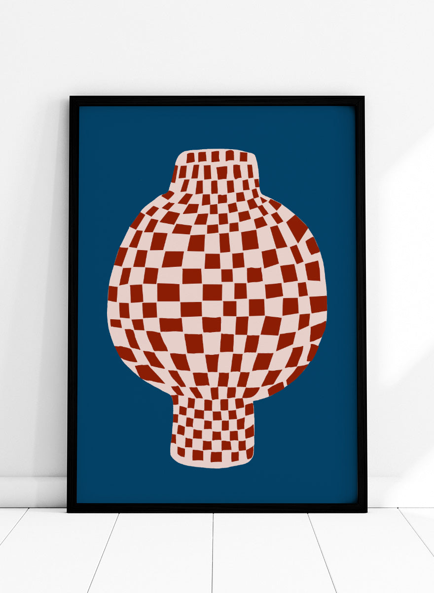 A stylized graphic illustration of a vase with a red and cream checkerboard pattern, set against a dark blue background. Optical Checkered Vase by The Art Concept is a modern still life art print featuring a red checkered vase on a deep blue background in a bold graphic style.