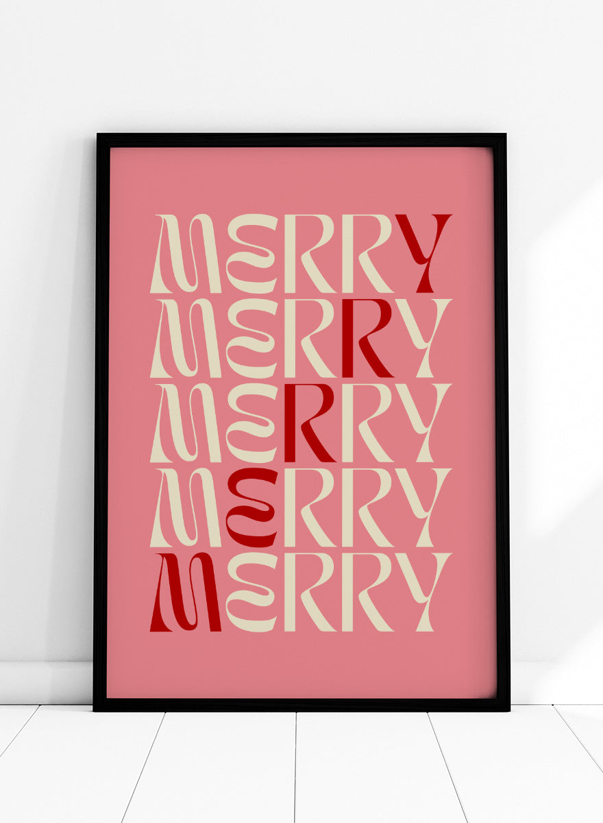 Shop Festive Merry Typography by Dominique Vari, a retro Christmas wall art print poster featuring repeated “Merry” lettering in pink, cream, and red.