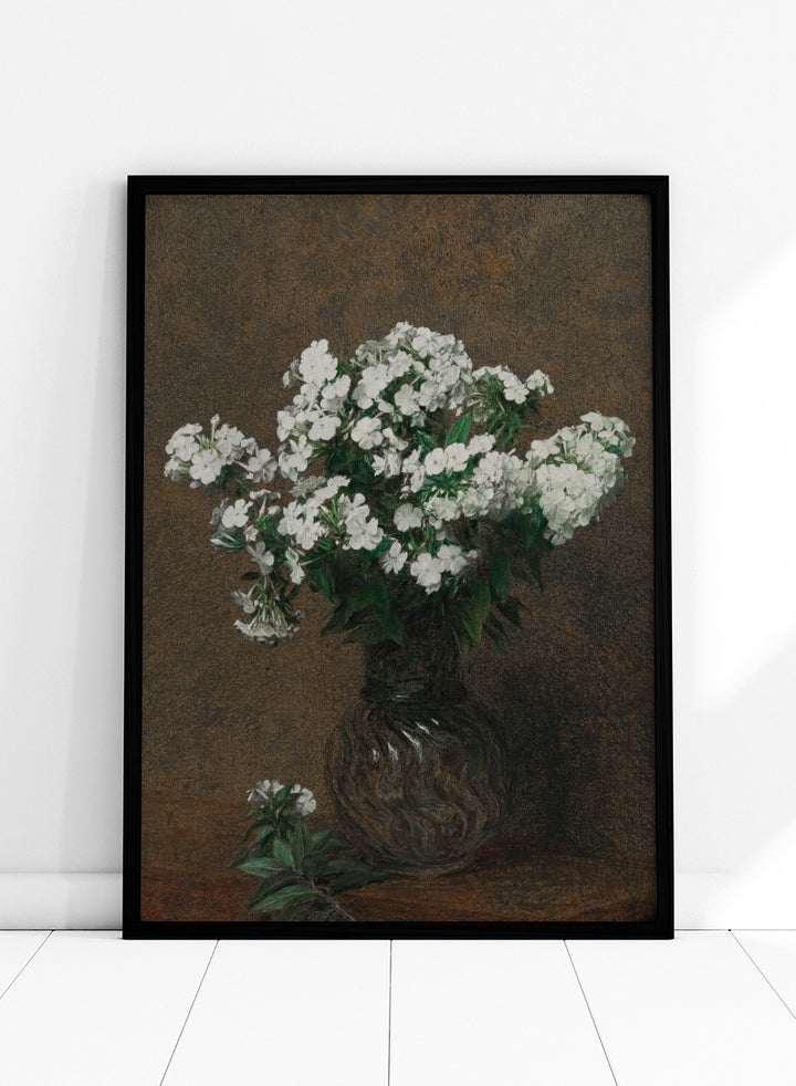 Shop White Phlox in a Vase by Henri Fantin-Latour, a vintage floral wall art print poster featuring a full bouquet of white phlox against a rich brown background.