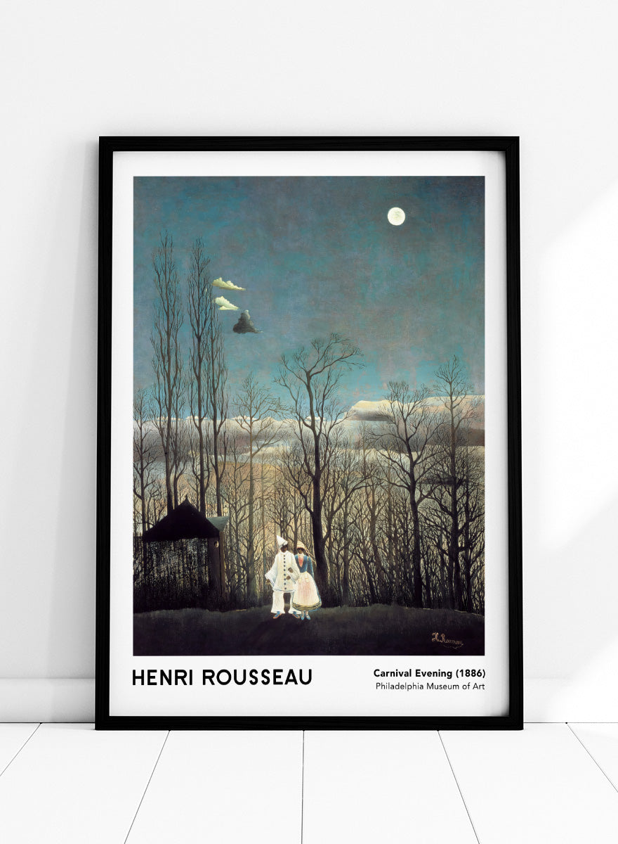 A framed art print of Henri Rousseau's 'Carnival Evening (1886)' painting, featuring a couple in a moonlit forest under a full moon. Carnival Evening by Henri Rousseau is a vintage landscape and portrait art print featuring a moonlit winter forest, costumed couple, bare trees, and deep blue sky.