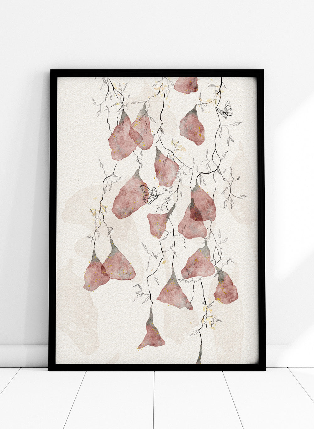 Artistic depiction of pink flowers and branches on a light background. Butterfly Kisses by Ankie Kooi features hanging watercolor flowers, delicate branches, and butterflies in soft neutral tones. Minimal botanical art print inspired by nature.