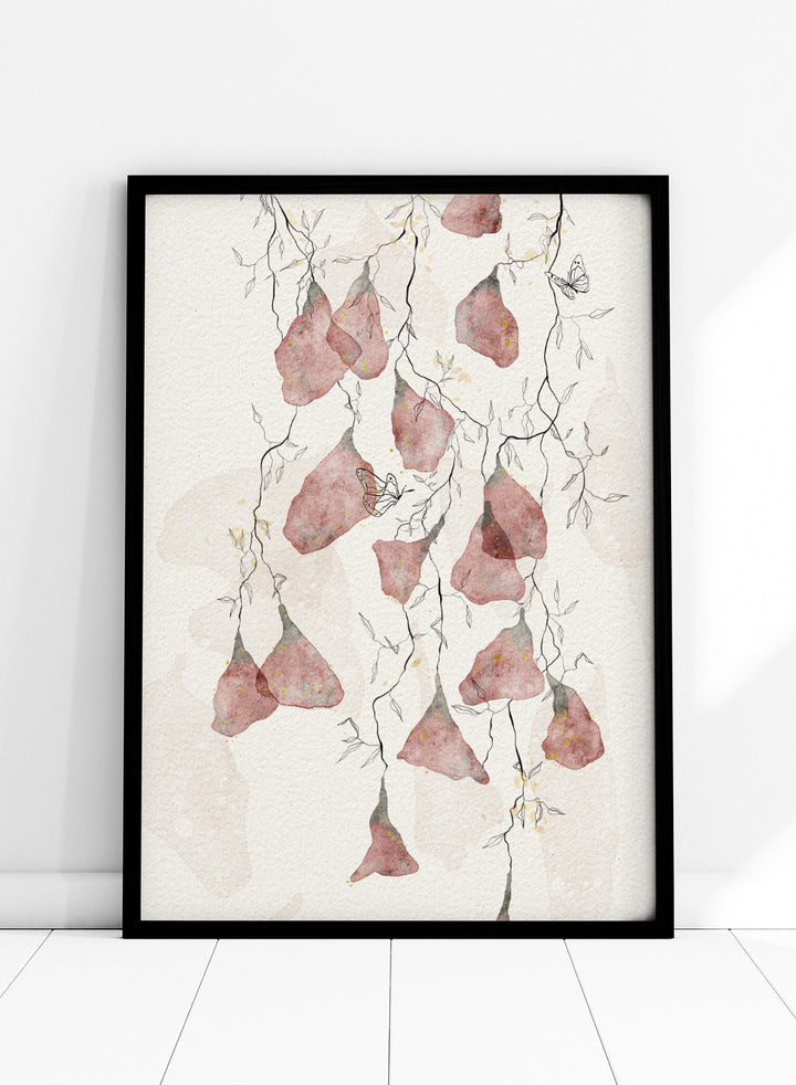 Artistic depiction of pink flowers and branches on a light background. Butterfly Kisses by Ankie Kooi features hanging watercolor flowers, delicate branches, and butterflies in soft neutral tones. Minimal botanical art print inspired by nature.