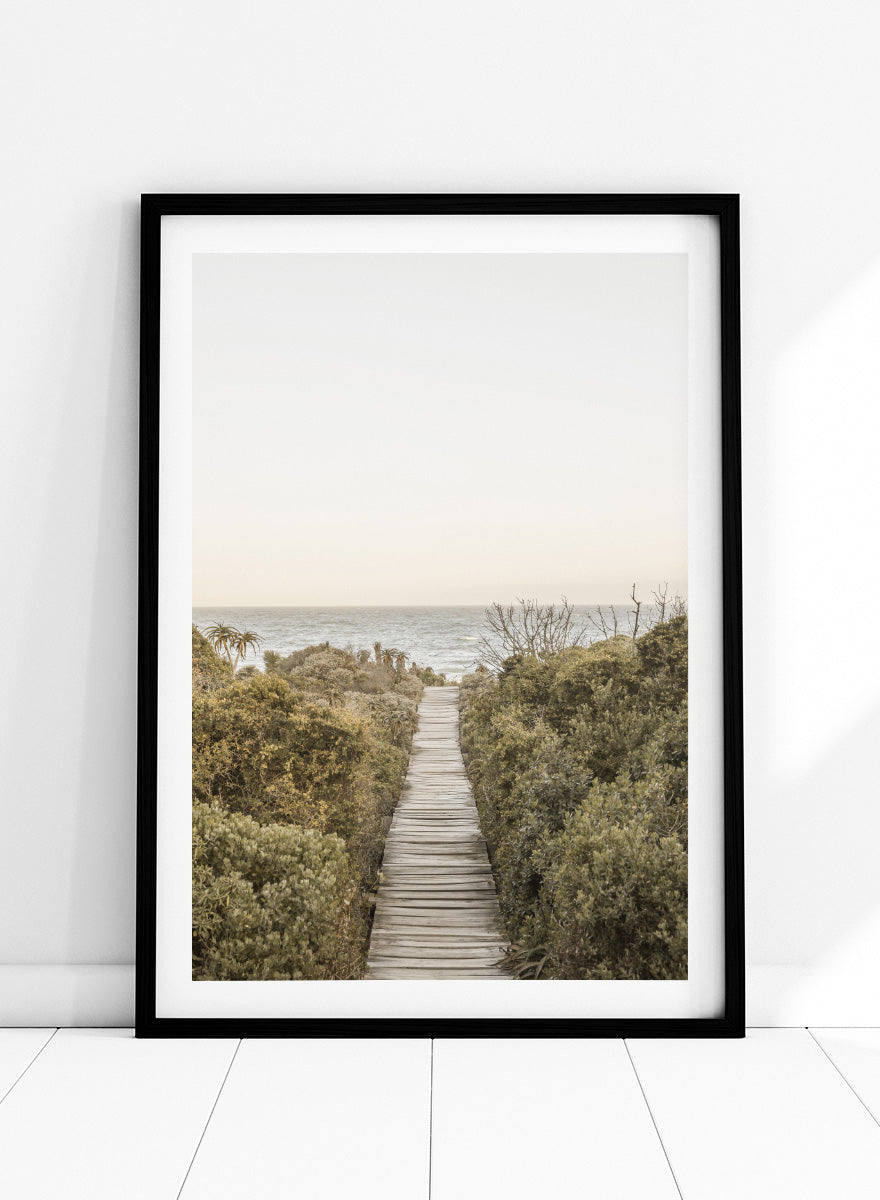 A framed photographic art print depicting a wooden boardwalk leading from dense green beach vegetation to the ocean under a pale sky. Pathway to Tranquility by Shot by Clint coastal art print featuring a wooden boardwalk, wild greenery, distant palms, and a soft ocean horizon.