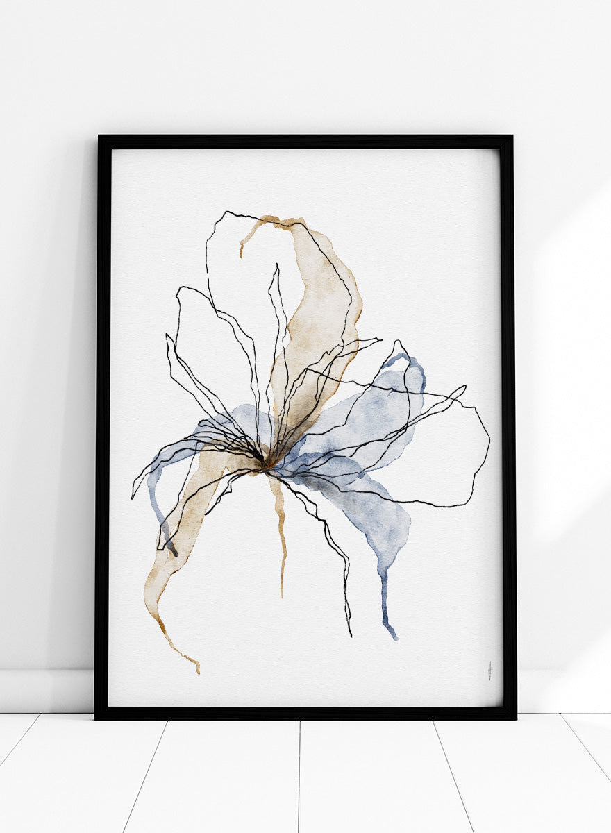 Shop Delicate Blush Botanicals by Ankie Kooi, an abstract floral wall art print poster with watercolor flower art, botanical linework, blue, brown, and cream.