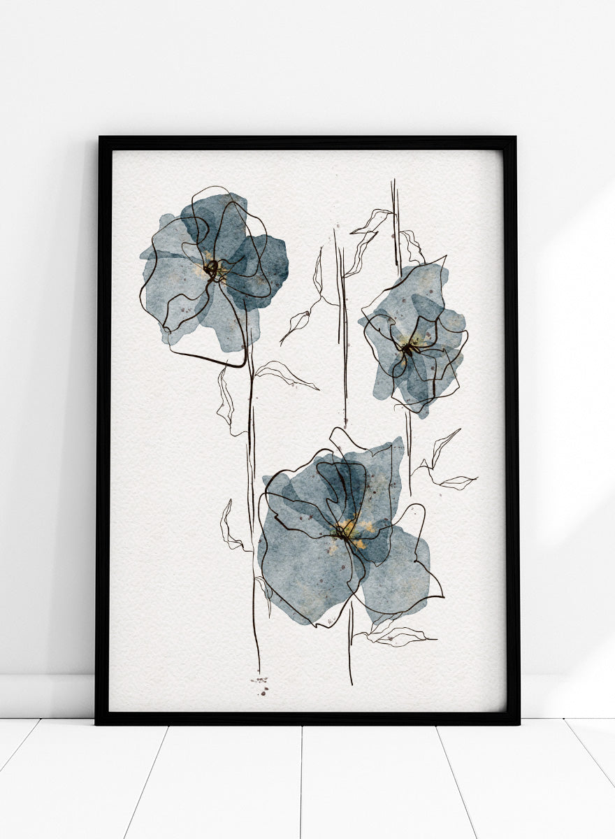A framed watercolor and ink floral art print featuring three blue-gray flowers with black sketch lines on a white textured background. Shop Delicate Blue Blooms by Ankie Kooi, a modern floral wall art print poster featuring abstract watercolor flowers, botanical line art, blue, cream, and black.