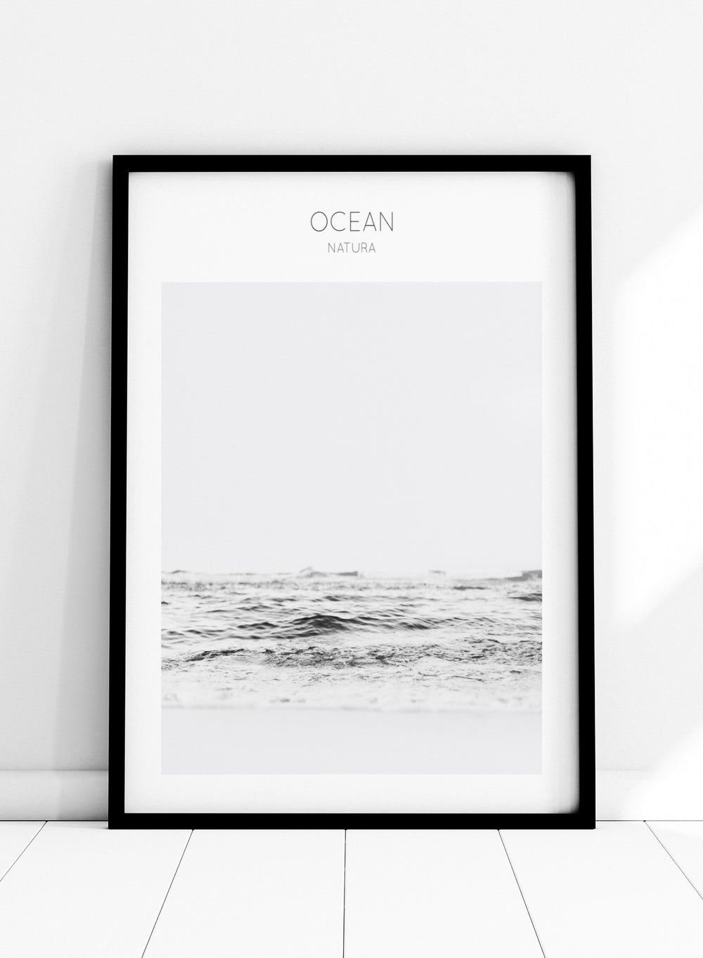 Black and white ocean wave with 'OCEAN Natura' text at the top. Endless Waves by The MIUUS Studio is a minimalist ocean photography art print and wall poster featuring soft waves, neutral tones, and modern coastal design.